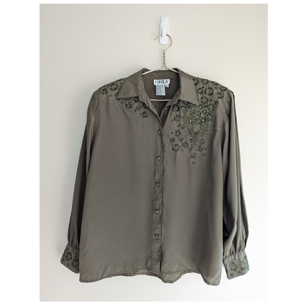 Vintage ORLY Embroidered Leopard with bejewelled eyes button down top
